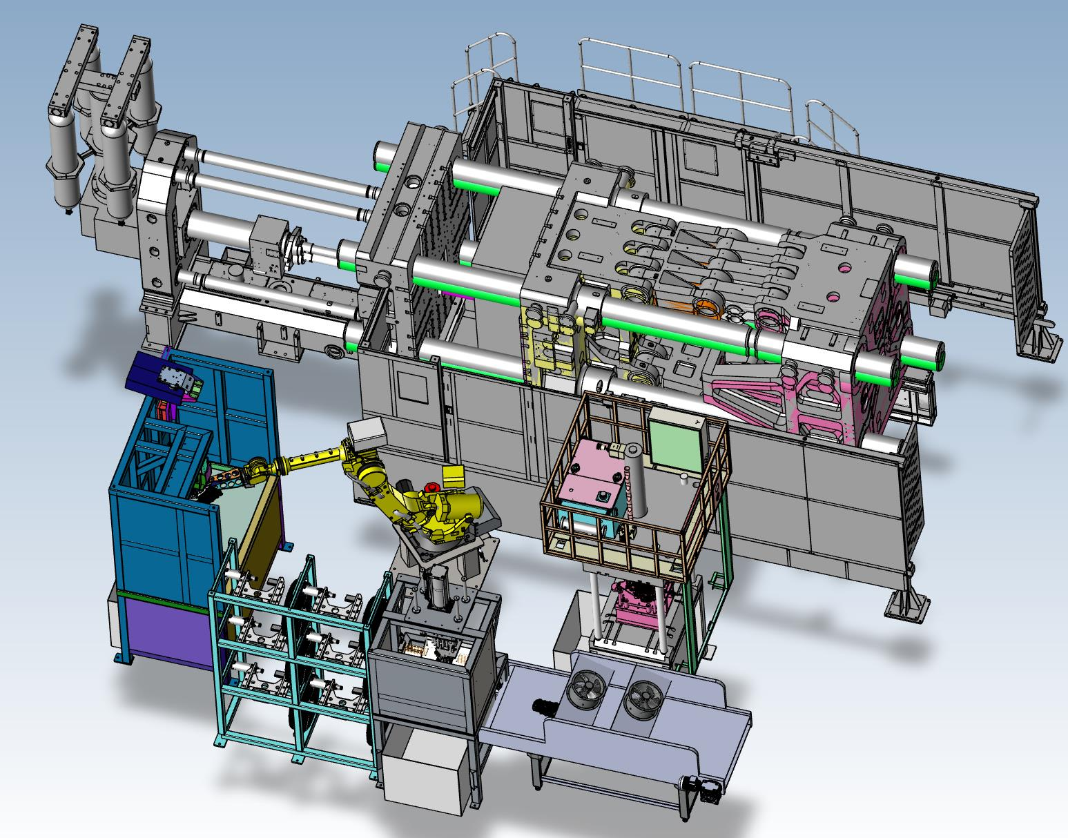Toyo 1250t die casting machine peripheral used take parts, remove slag bag, cooling, precision cutting robot automation system